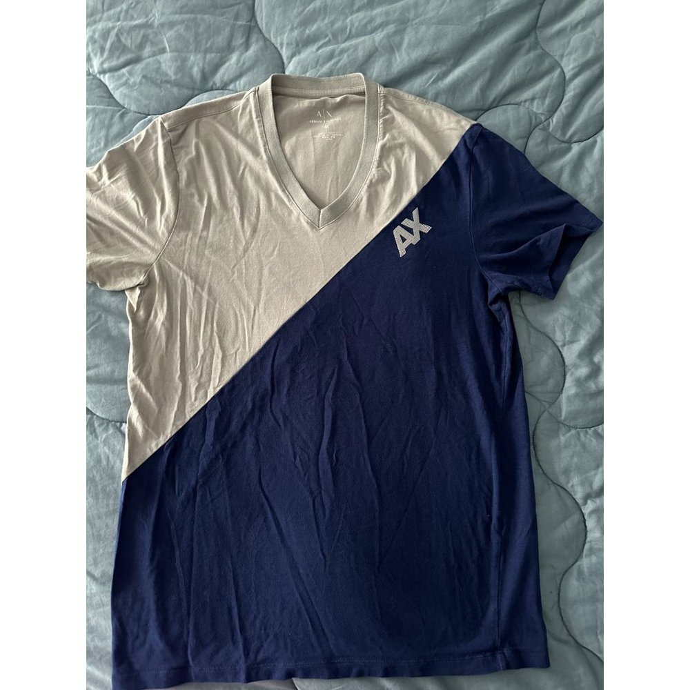Men's A/X Armani Exchange split white and blue v neck tshirt Medium